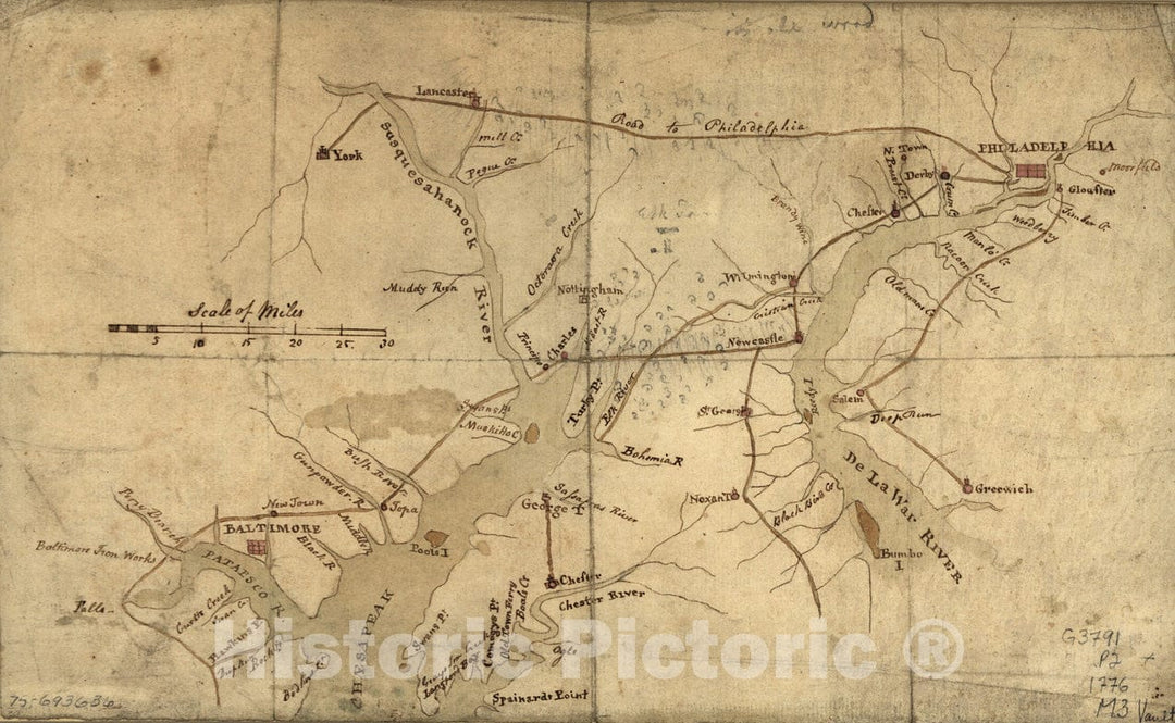 Historical Map, 1776 Map of The Country Between and bordering The Delaware River and Chesapeake Bay : Showing Roads to Philadelphia and localities, Vintage Wall Art