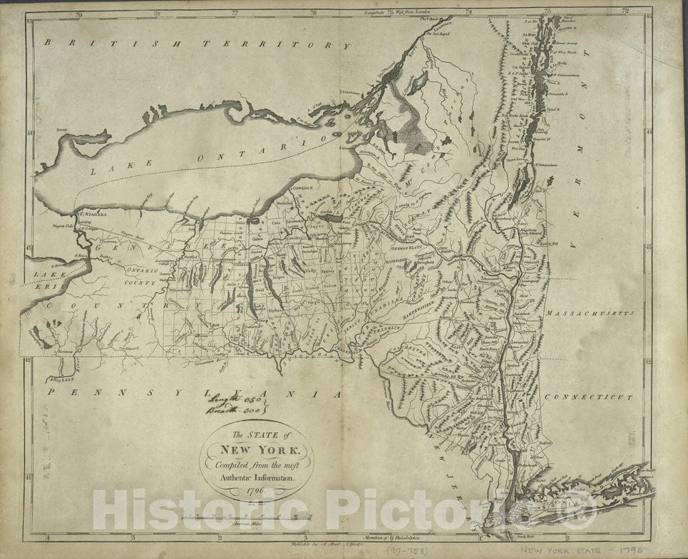 Historical Map, The State of New York, compiled from The Most Authentic Information, 1796, Vintage Wall Art