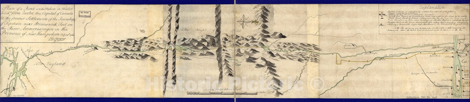 Historical Map, 1760 Plan of a rout undertaken in Winter, Jany. 26th : from Quebec, The Capital of Canada, to The Frontier settlements of The Township of Topsham, Vintage Wall Art