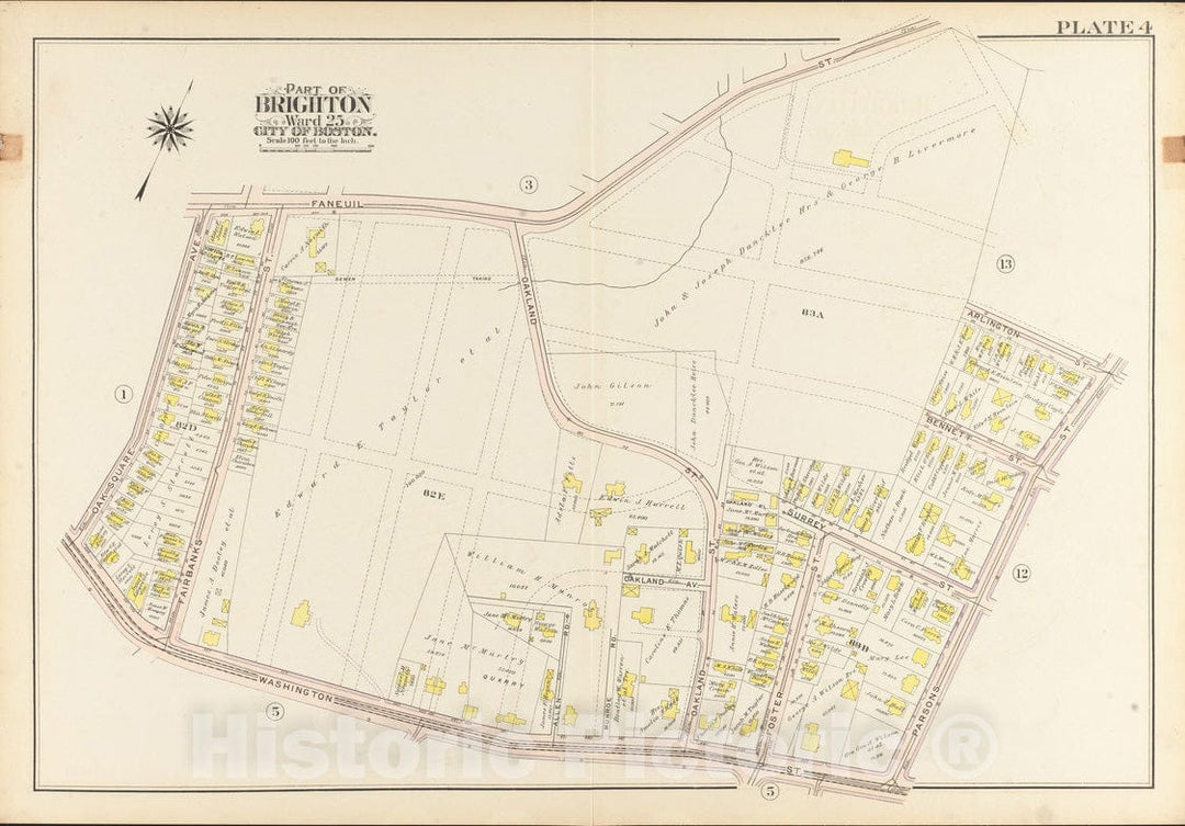 Historical Map, 1909 Atlas of The City of Boston, Ward 25, Brighton : Plate 4, Vintage Wall Art