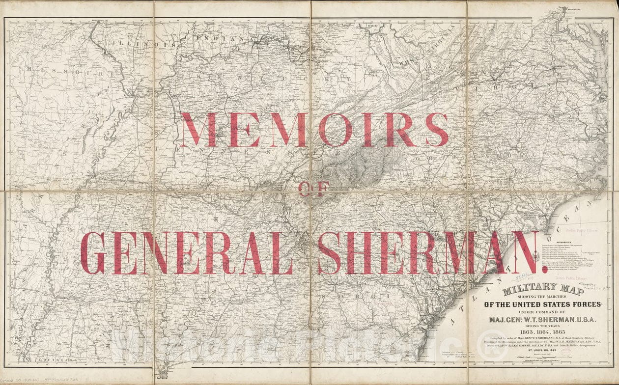 Historical Map, Military map Showing The marches of The United States Forces Under Command of Maj. Genl. W.T. Sherman, U.S.A. During The Years 1863, 1864, 1865, Vintage Wall Art