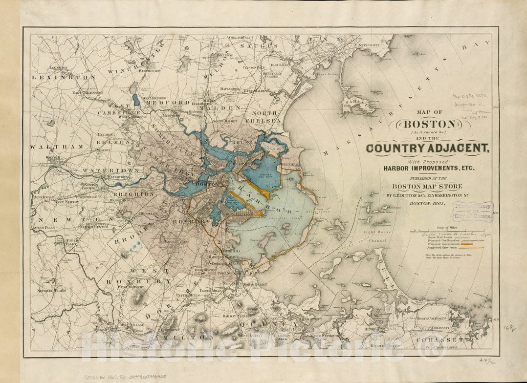 Historical Map, 1867 Map of Boston (as it Should be) and The Country Adjacent, with Proposed Harbor improvements, etc, Vintage Wall Art