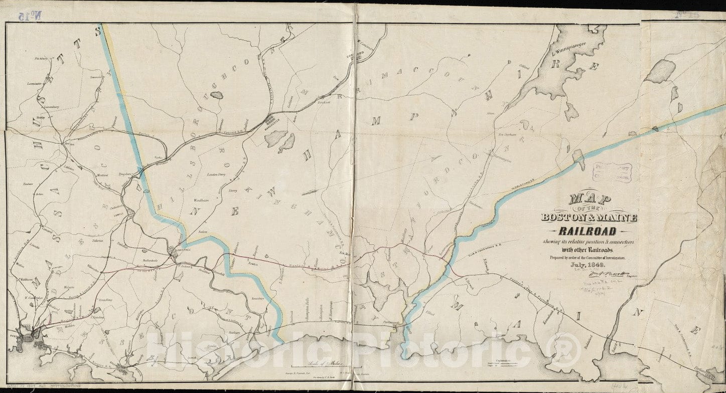 Historical Map, 1849 Map of The Boston & Maine Railroad, Showing its Relative Position & Connection with Other Railroads, Vintage Wall Art