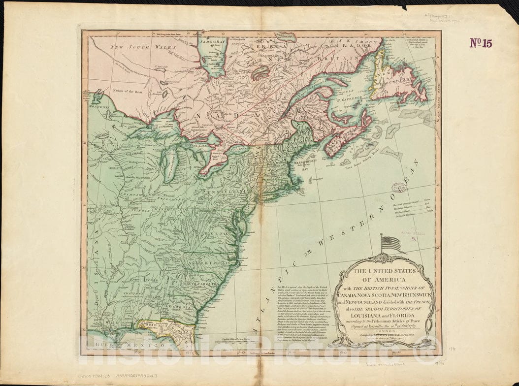 Historical Map, 1794 The United States of America with The British Possessions of Canada, Nova Scotia, New Brunswick and Newfoundland Divided with The French, Vintage Wall Art