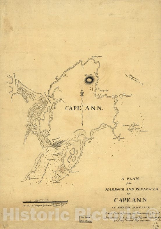 Historical Map, 1776 A Plan of The Harbour and Peninsula of Cape Ann in North America, Vintage Wall Art