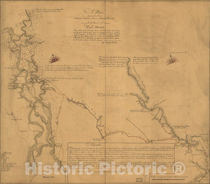 Historical Map, 1771 A Plan of Part of The Rivers Tombecbe, Alabama, Tensa, Perdido, Scambia in The Province of West Florida : with a Sketch of The Boundary, Vintage Wall Art