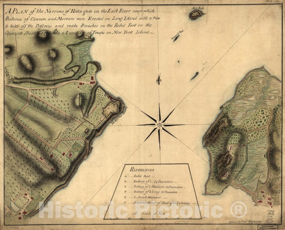 Historical Map, 1776 A Plan of the Narrows of Hells-gate in the East River : near which batteries of cannon and mortars were erected on Long Island, Vintage Wall Art