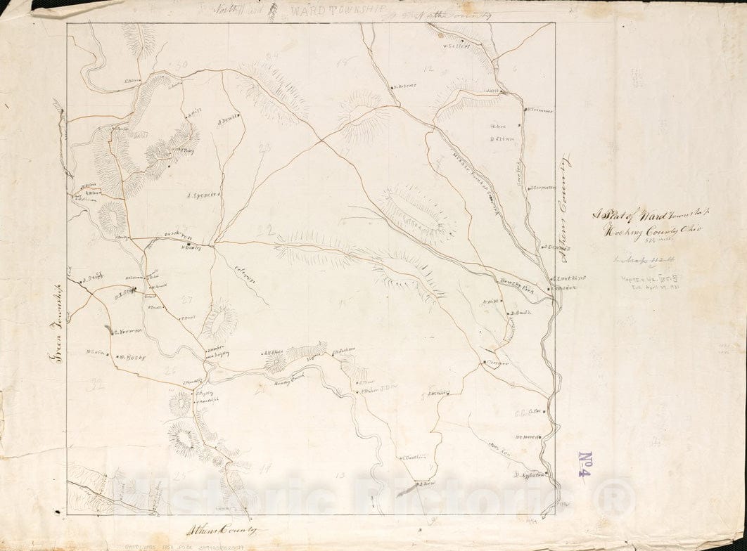 Historical Map, 1850-1859 A plat of Ward township, Hocking County Ohio, Vintage Wall Art