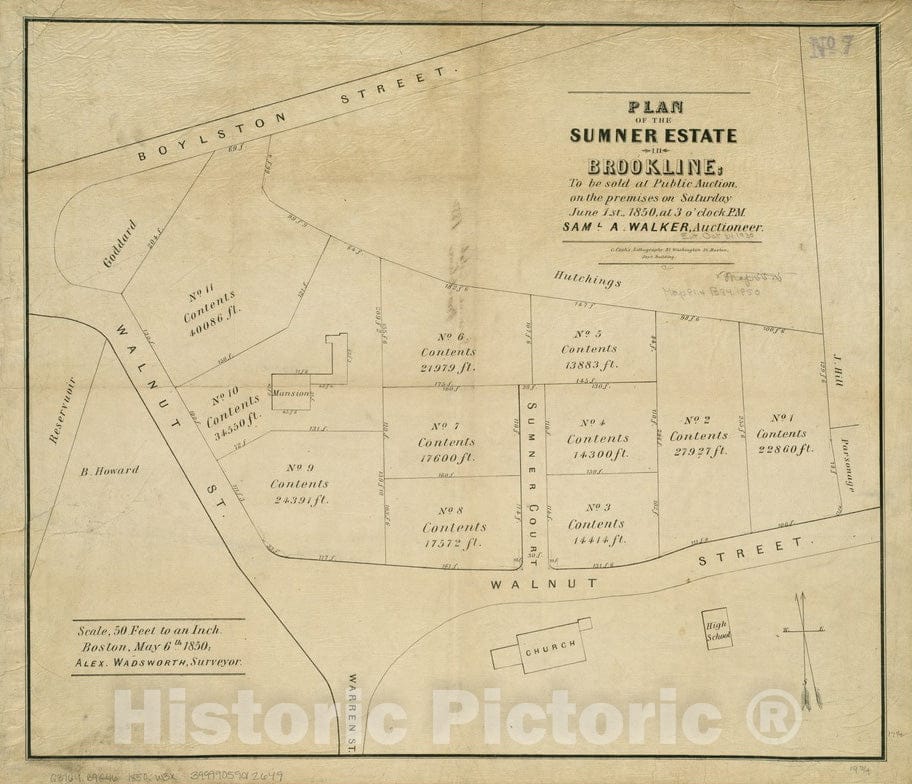 Historical Map, Plan of the Sumner Estate in Brookline : to be sold at public auction, on the premises on Saturday June 1st, 1850, at 3 o'clock p.m, Vintage Wall Art