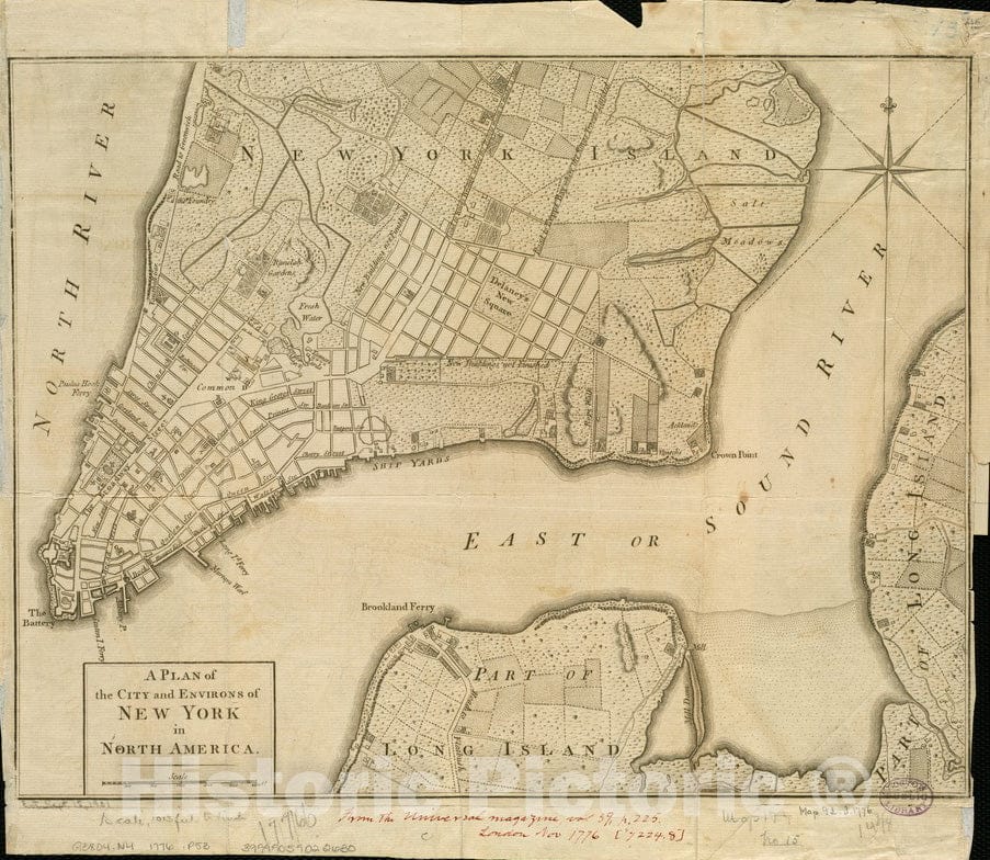 Historical Map, 1776 A Plan of The City and Environs of New York in North America, Vintage Wall Art