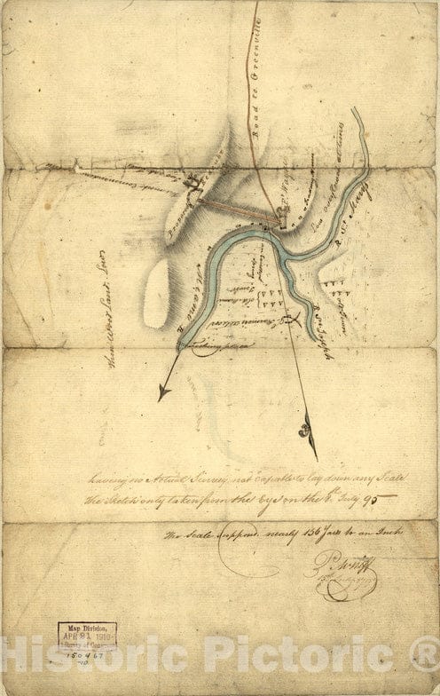 Historical Map, Indiana Fort Wayne : ms. map of Fort Wayne Said to Have Been Made on July 18, 1795, for General Anthony Wayne, Vintage Wall Art