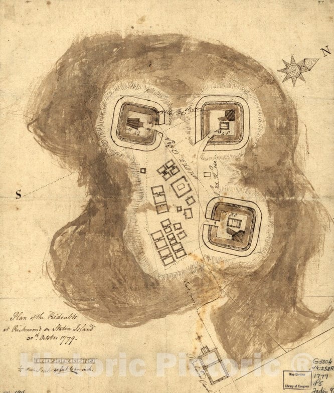 Historical Map, Plan of The redoubts at Richmond on Staten Island, 30th October 1779, Vintage Wall Art