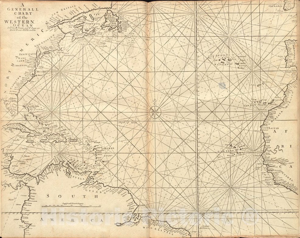 Historical Map, 1737 A generall Chart of The Western Ocean, Vintage Wall Art