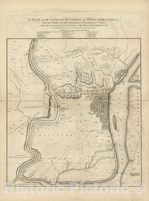 Historical Map, 1779 A Plan of The City and Environs of Philadelphia : with The Works and encampments of His Majesty's Forces, Vintage Wall Art