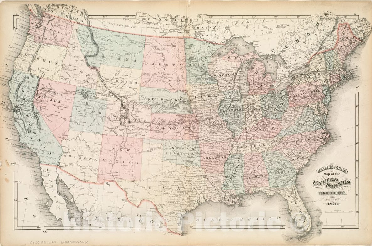 Historical Map, 1871 Walling and Gray's map of The United States and Territories, Vintage Wall Art