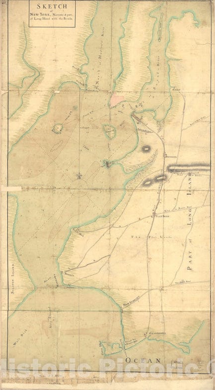 Historical Map, 1776 Sketch of New York, Narrows & Part of Long Island with The Roads, Vintage Wall Art