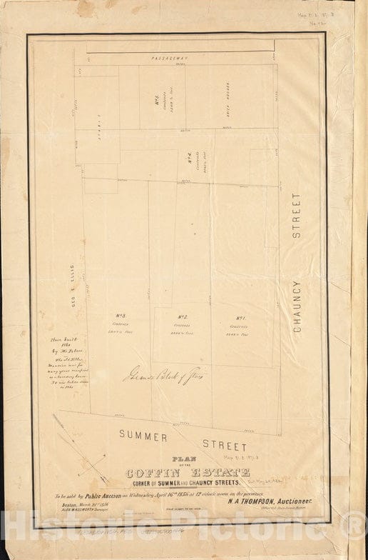 Historical Map, 1856 Plan of the Coffin Estate, corner of Summer and Chauncy Streets : to be sold by public auction on Wednesday April 26th 1856 at 12 o'clock noon on the premises Vintage Wall Art