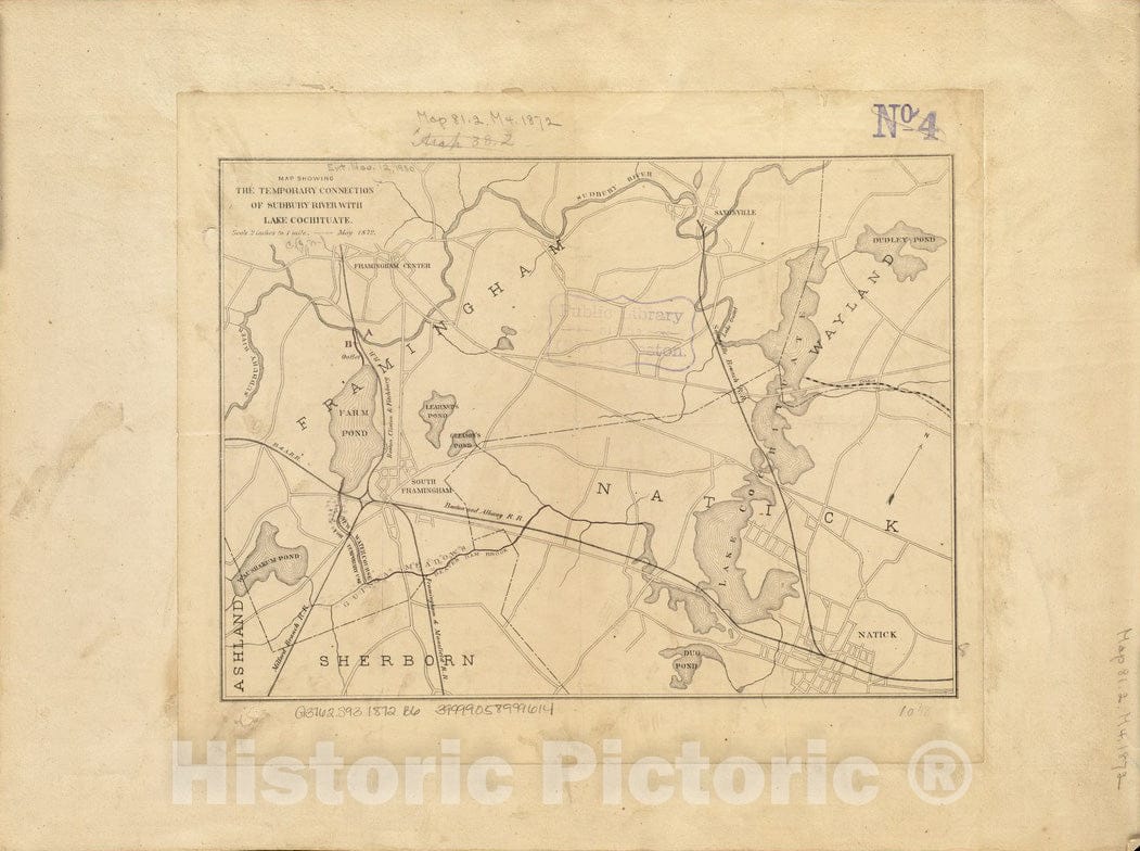 Historical Map, 1872 Map Showing The Temporary Connection of Sudbury River with Lake Cochituate, Vintage Wall Art