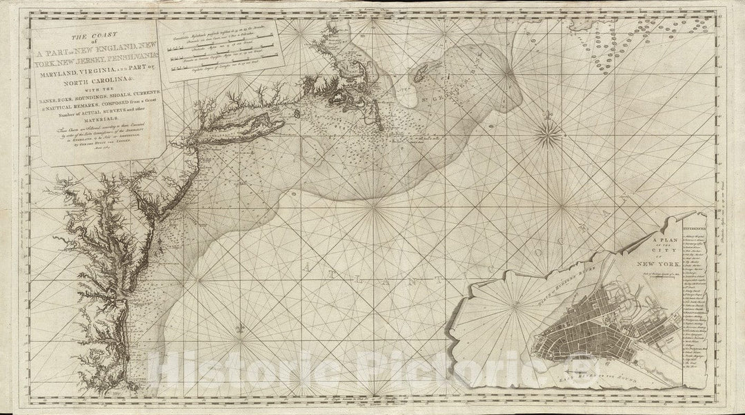 Historical Map, 1784 The Coast of a Part of New England, New York, New Jersey, Pensilvania, Maryland, Virginia, and Part of North Carolina et Cetera, Vintage Wall Art