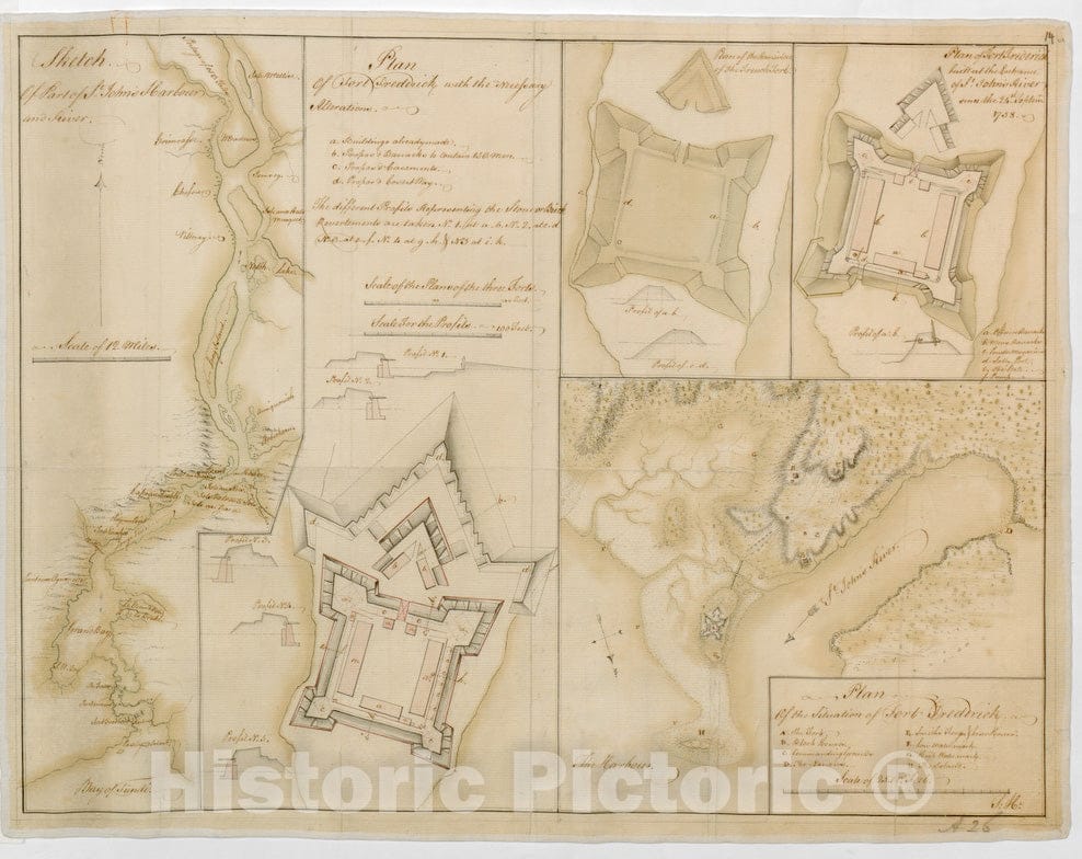 Historical Map, 1758 Sketch of Part of S.t John's Harbour and River= Plan of Fort Frederick with The Necessary Alterations= Plan of The Ramainder of The French, Vintage Wall Art