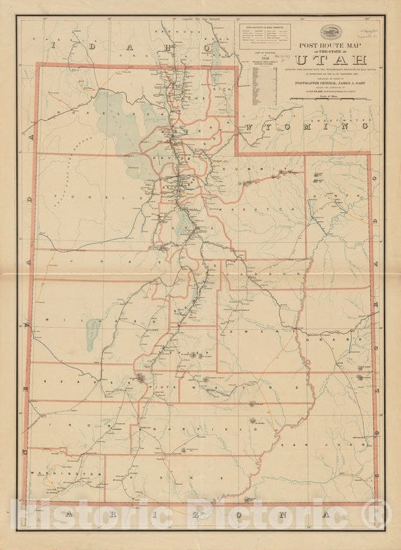 Historical Map, 1897 Post Route map of The State of Utah Showing Post Offices with The Intermediate Distances on Mail Routes in Operation on The 1st. of December, 1897, Vintage Wall Art