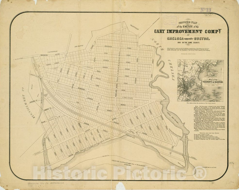 Historical Map, 1849 Proposed Plan of The Estate of The Cary Improvement Compy : in Chelsea Opposite Boston, and in The Same County, Vintage Wall Art