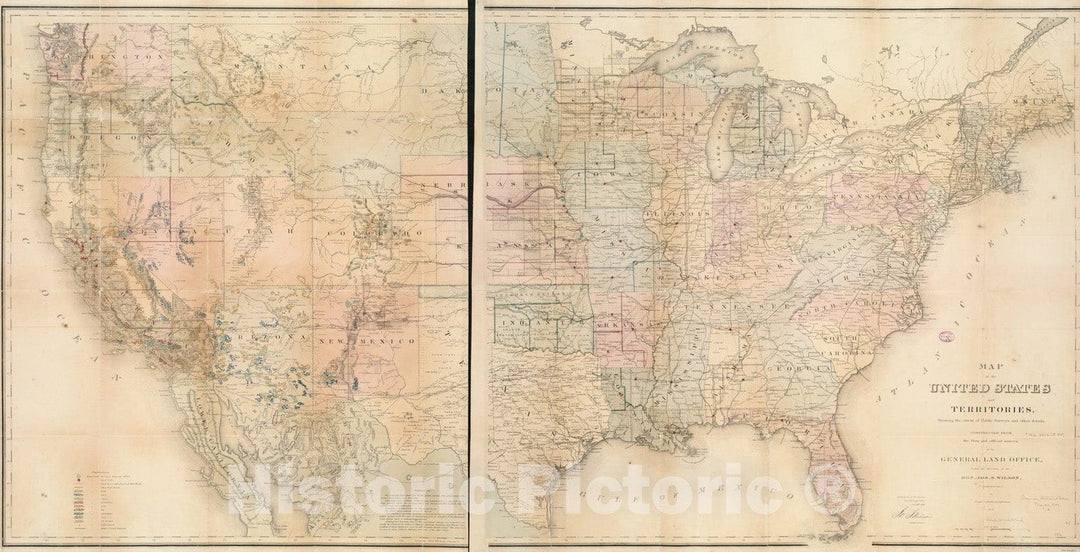 Historical Map, 1867 Map of The United States and Territories, Showing The Extent of Public surveys and Other Details, Vintage Wall Art