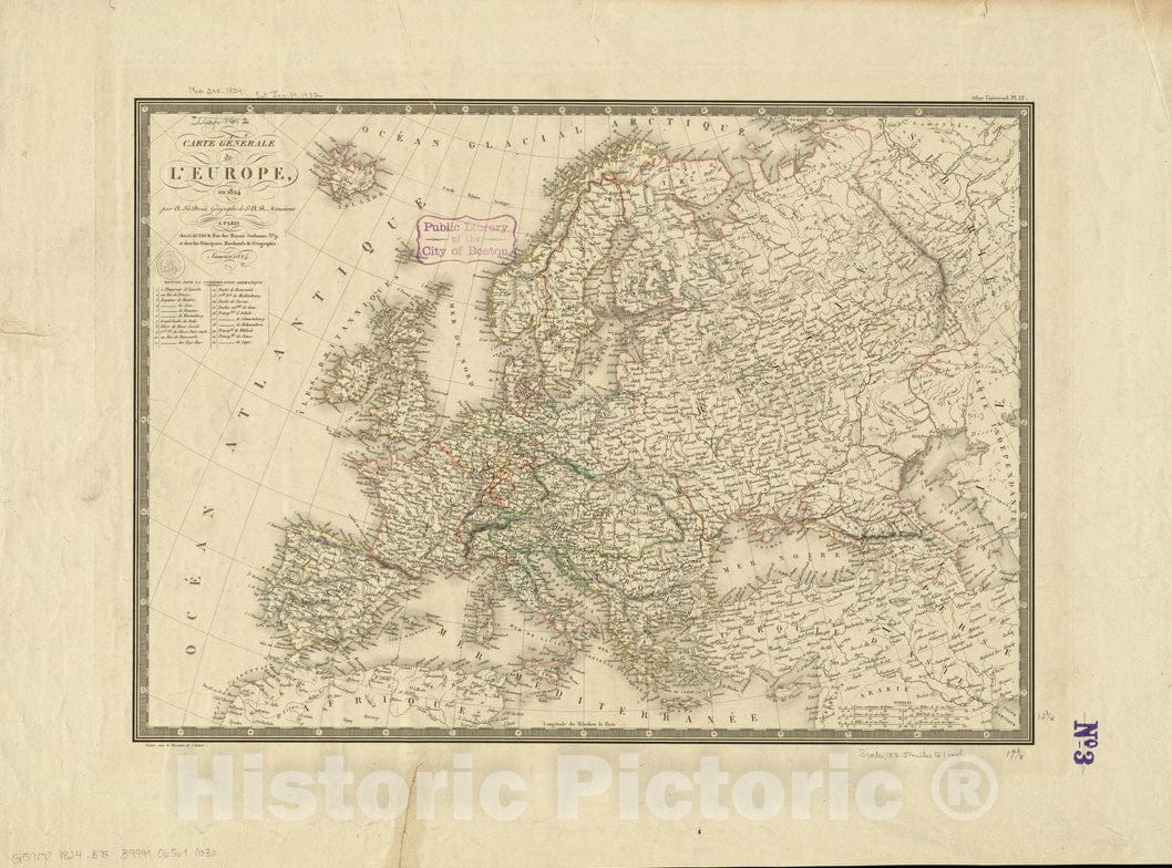 Historical Map, Carte geIneIRale de l'Europe, en 1824, Vintage Wall Art