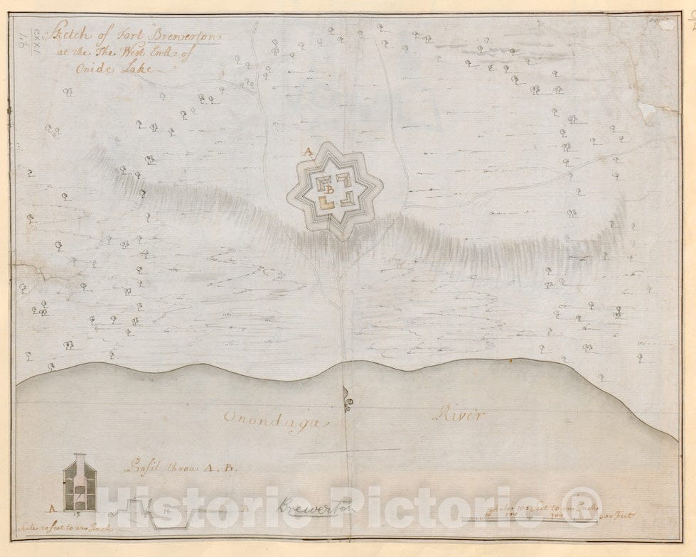 Historical Map, 1759 Sketch of Fort Brewerton at The The West End of Onide Lake, Vintage Wall Art