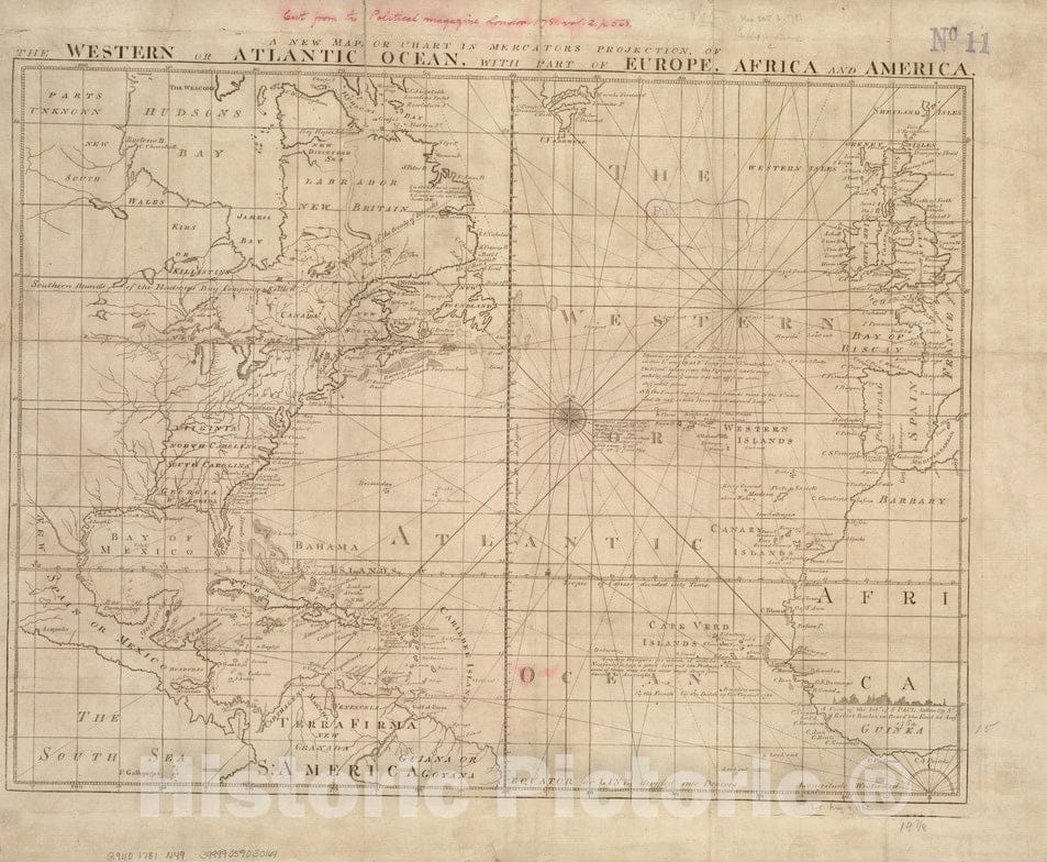 Historical Map, 1781 A New map or Chart in Mercators Projection, of The Western or Atlantic Ocean, with Part of Europe, Africa and America, Vintage Wall Art