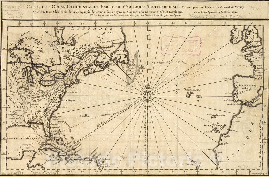 Historical Map, 1744 Carte de l'ocean Occidental et Partie de l'Amerique septentrionale : dresseIe Pour l'intelligence du Journal du Voyage, Vintage Wall Art