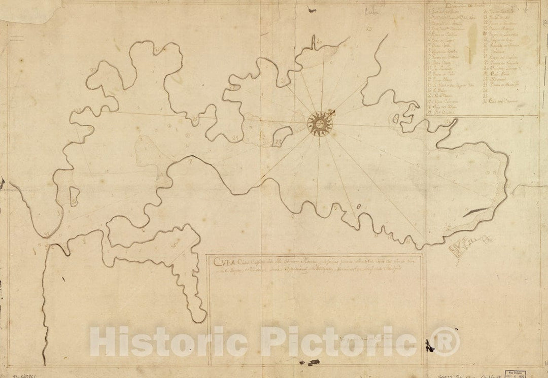 Historical Map, c.1700-1799 Cuba, Ciudad capittal de la ysla del mismo nombre y su famoso Puerto sittuado en la Costa del sur de gra. ysla, Los 20 grados y 2 minutos, Vintage Wall Art