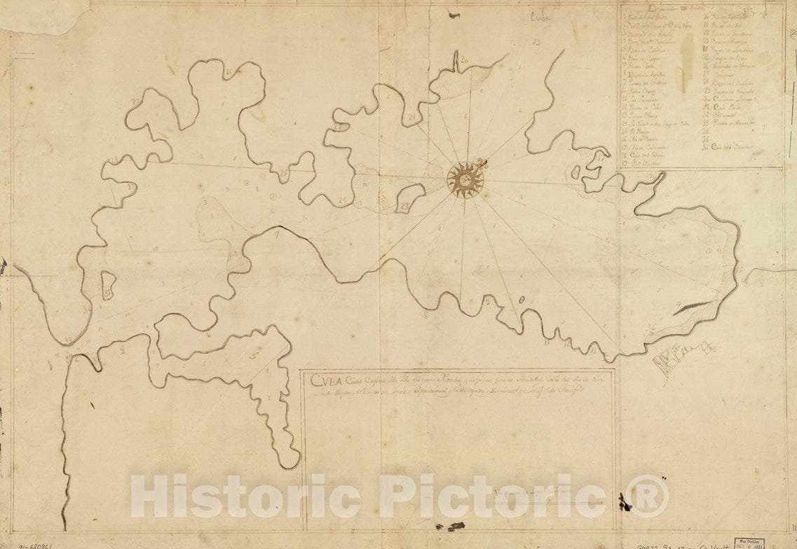 Historical Map, c.1700-1799 Cuba, Ciudad capittal de la ysla del mismo nombre y su famoso Puerto sittuado en la Costa del sur de gra. ysla, Los 20 grados y 2 minutos, Vintage Wall Art