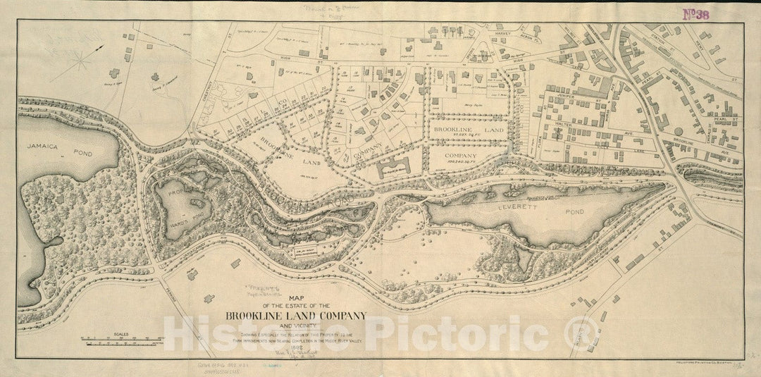 Historical Map, 1892 Map of The Estate of The Brookline Land Company and Vicinity : Showing Especially The Relation of This Property to The Park improvements, Vintage Wall Art