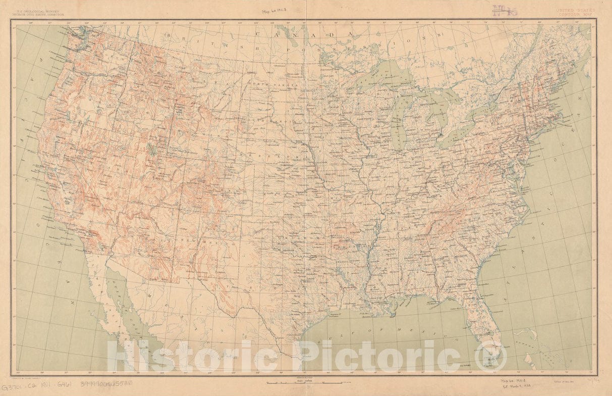 Historical Map, 1911 United States Contour Historical Map, Vintage Wall Art