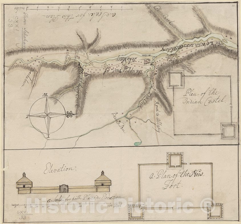 Historical Map, 1758 [A map of The River Schohary with a Plan and Elevation of The New Fort], Vintage Wall Art