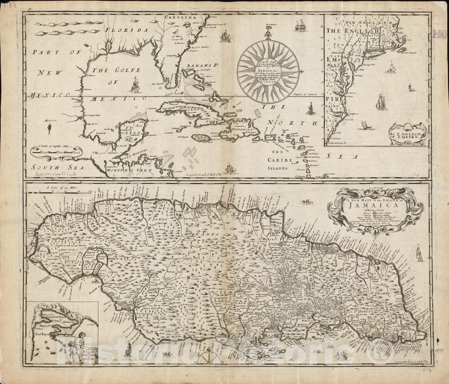 Historical Map, 1688 A generall mapp of The Continent and Islands which bee Adjacent to Jamaica : A New mapp of The Island of Jamaica, Vintage Wall Art