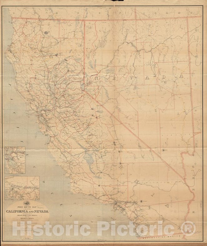 Historical Map, 1889 Post Route map of The States of California and Nevada with Adjacent Parts of Oregon, Idaho, Utah, Arizona and of The Republic of Mexico, Vintage Wall Art