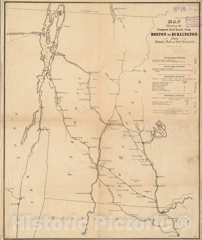 Historical Map, 1844 Map showing the proposed rail roads from Boston to Burlington, from Hale's map of New England, Vintage Wall Art