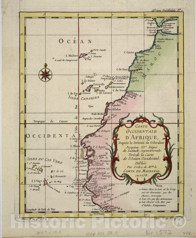 Historical Map, 1738 Coste occidentale d'Afrique, Depuis le DeItroit de Gibraltar jusqu' au XIe deIgreI de Latitude septentrionale, Vintage Wall Art