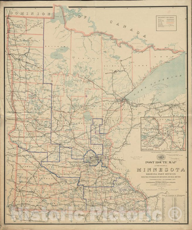 Historical Map, 1895 Post route map of the State of Minnesota showing post offices with the intermediate distances and mail routes in operation on the 1st. of December 1895, Antique Vintage Wall Art