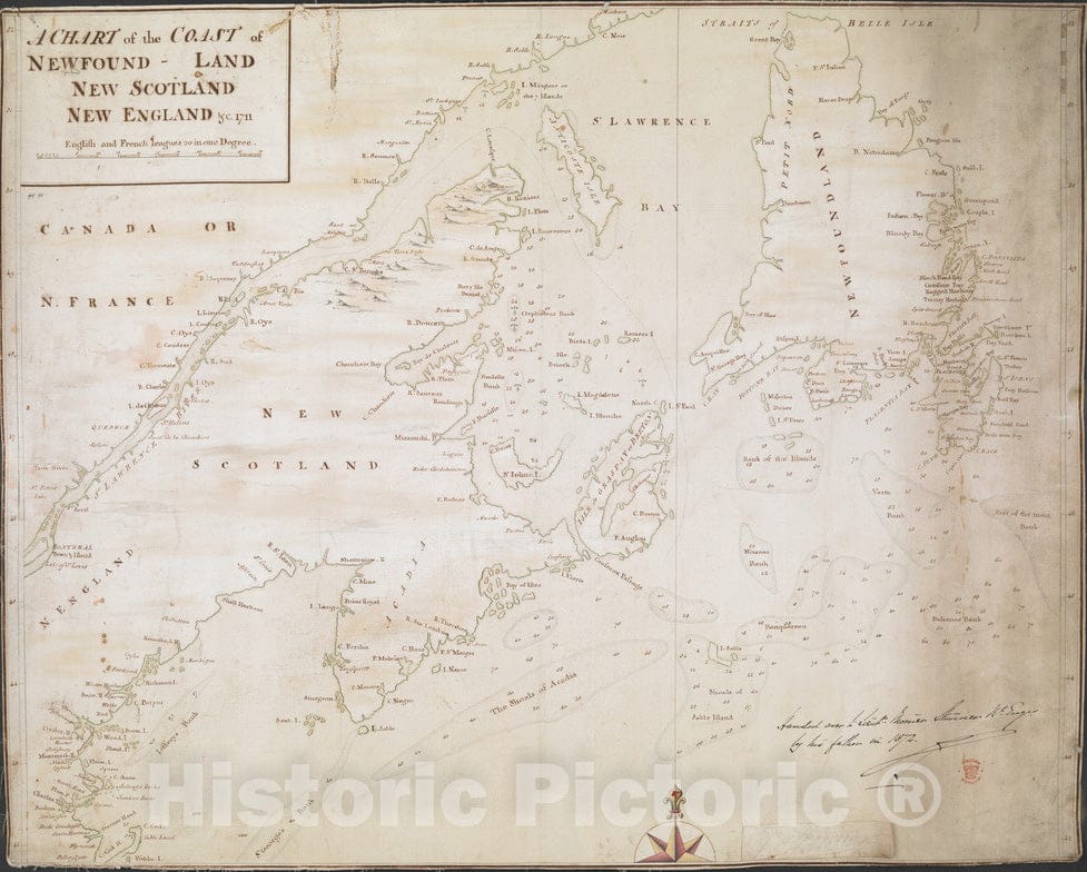 Historical Map, A CHART of the COAST OF NEWFOUND-LAND NEW SCOTLAND NEW ENGLAND et cetera. 1711, Vintage Wall Art