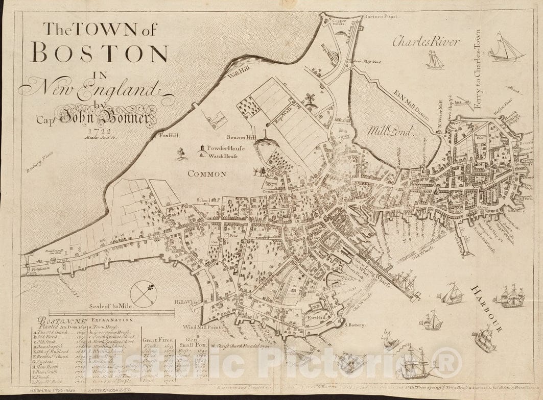 Historical Map, 1723-1733 The Town of Boston in New England, Vintage Wall Art