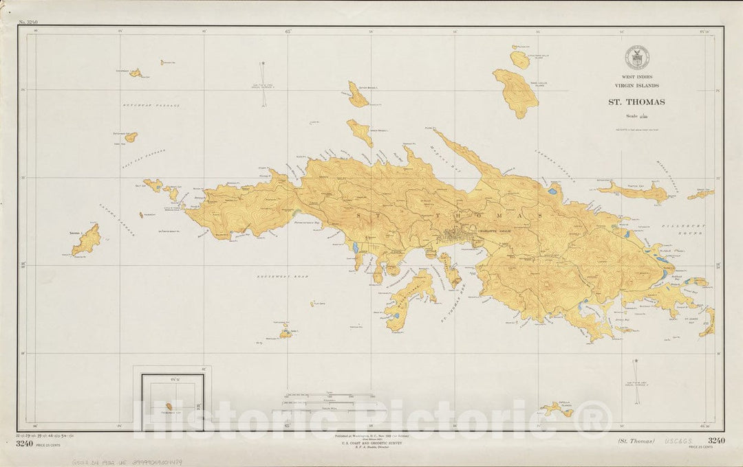 Historical Map, 1922 West Indies, Virgin Islands, St. Thomas, Vintage Wall Art