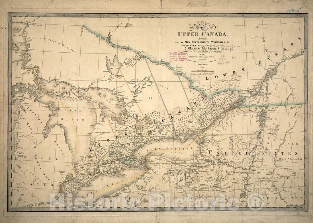 Historical Map, 1836 A map of the province of Upper Canada, describing all the new settlements, townships, cc. with the countries adjacent, from Quebec to Lake, Vintage Wall Art