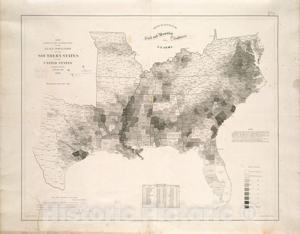 Historical Map, 1861 Map Showing The Distribution of The Slave Population of The Southern States of The United States, Vintage Wall Art