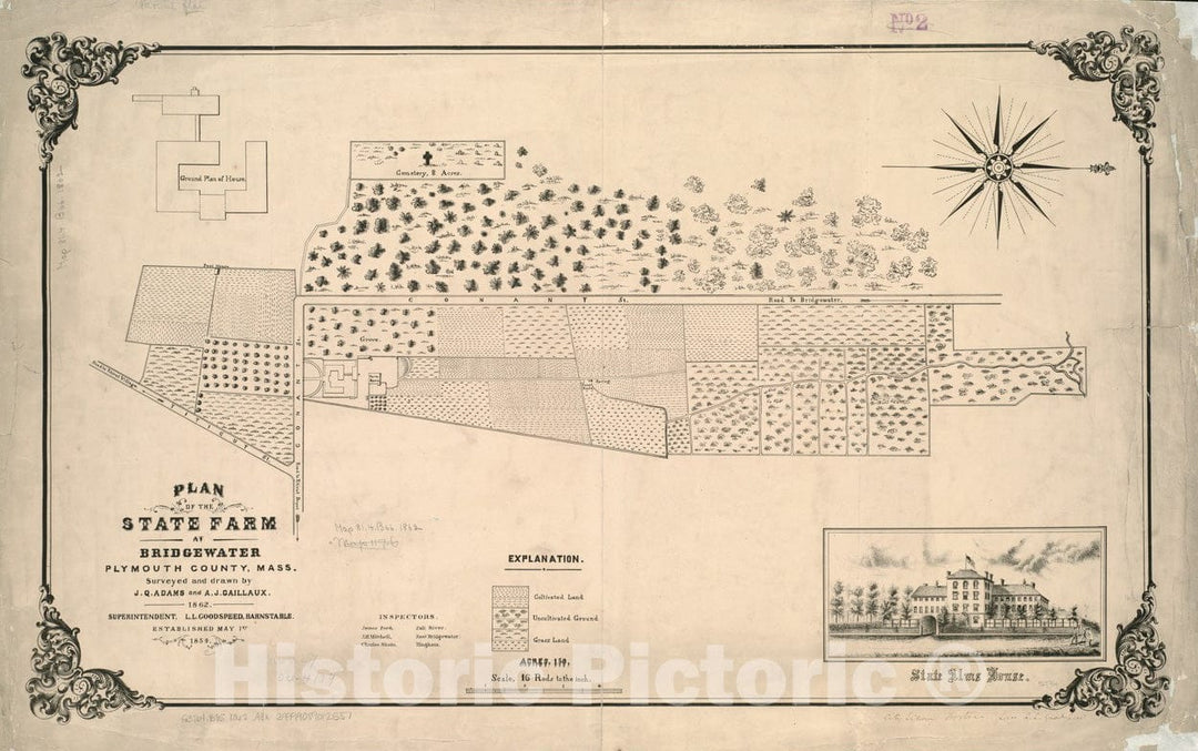 Historical Map, 1862 Plan of the state farm at Bridgewater, Plymouth County, Mass, Vintage Wall Art