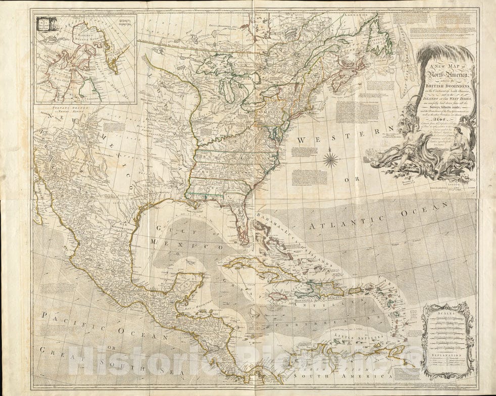 Historical Map, 1763 A New map of North America wherein The British Dominions in The Continent of North America : and on The Islands of The West Indies, Vintage Wall Art