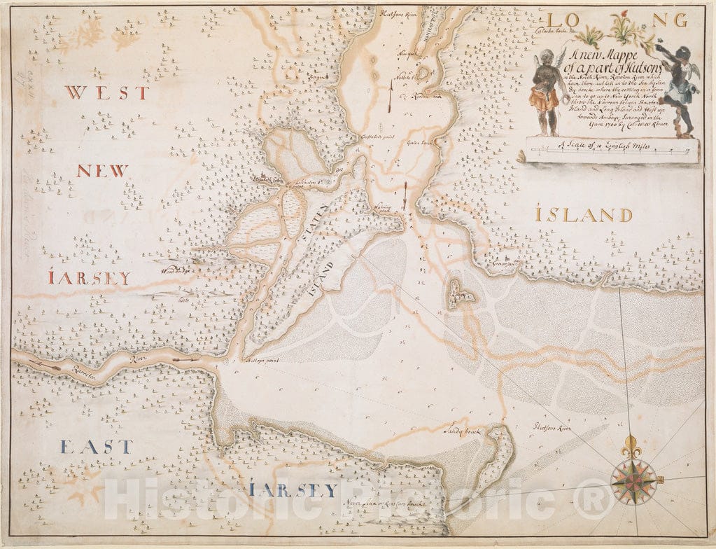 Historical Map, 1700 A New Mappe of a pof Hutsons or The North River, Rareton River which Have There aiet Lett in to The Sea by Sandy hoocke, Vintage Wall Art