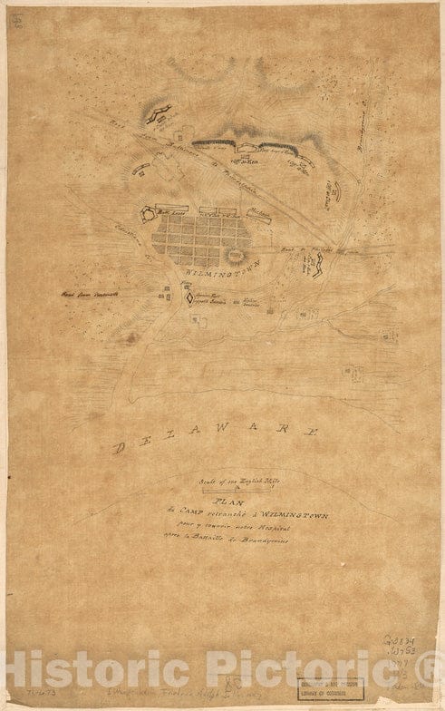 Historical Map, 1777 Plan du Camp retrancheI' a Wilmington Pour y couvrir Notre Hospital Apres la Battaille de Brandywine, Vintage Wall Art